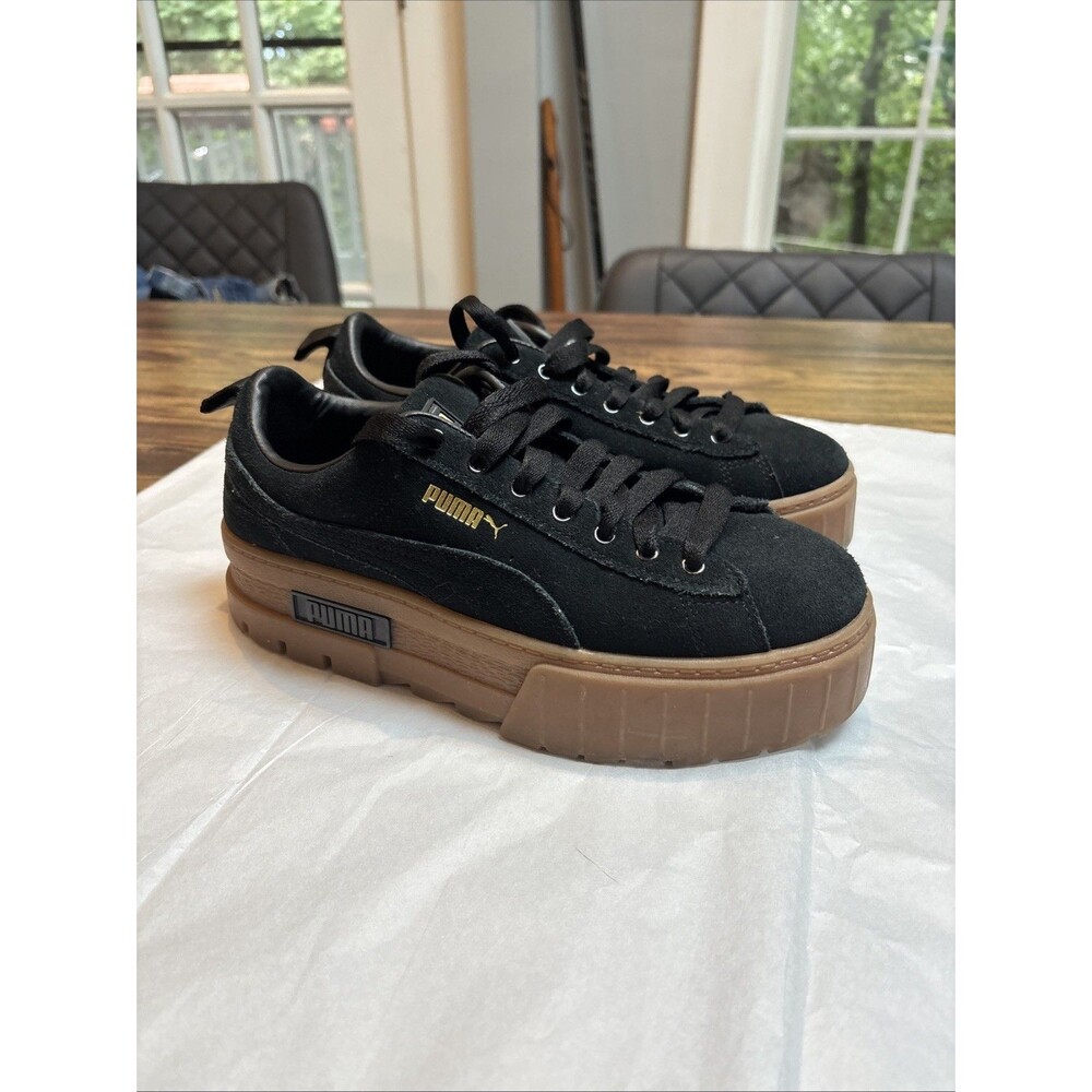 Puma Mayze Platform Sneakers Black Suede Gum Sole Women’s Size US 8 EU 38.5 EUC